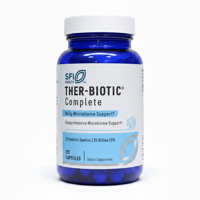 A blue plastic bottle of SFI Health Ther-Biotic Complete dietary supplement with a white cap and white label, containing 120 capsules.