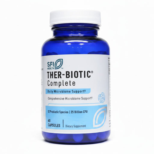 A blue plastic bottle of SFL Health Ther-Biotic Complete dietary supplement with a white cap and white label, containing 60 capsules.