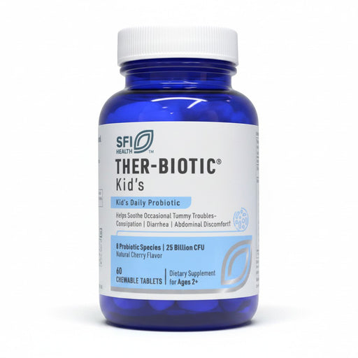 A blue plastic bottle of SFI Health Ther-Biotic Kid's daily probiotic with a white cap and white label, shown on a clean white background.