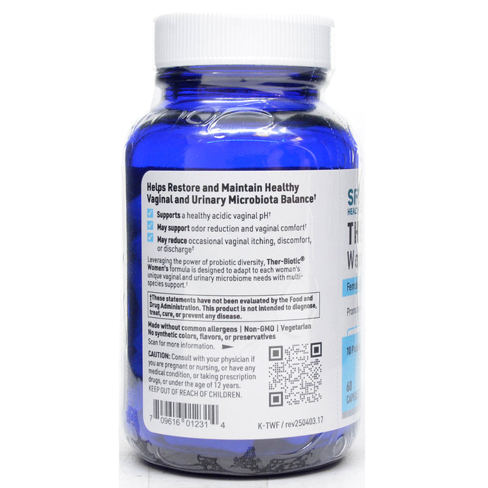 A blue plastic bottle of Sphéra Women's Vaginal Microbiota Balance supplement with a white cap, showing the back label with text and a barcode on a white background.