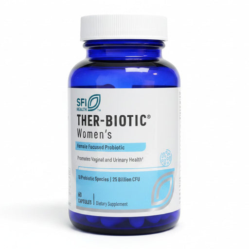 A blue plastic bottle of SFI Health Ther-Biotic Women's Probiotic with a white cap and white label, containing 60 capsules.