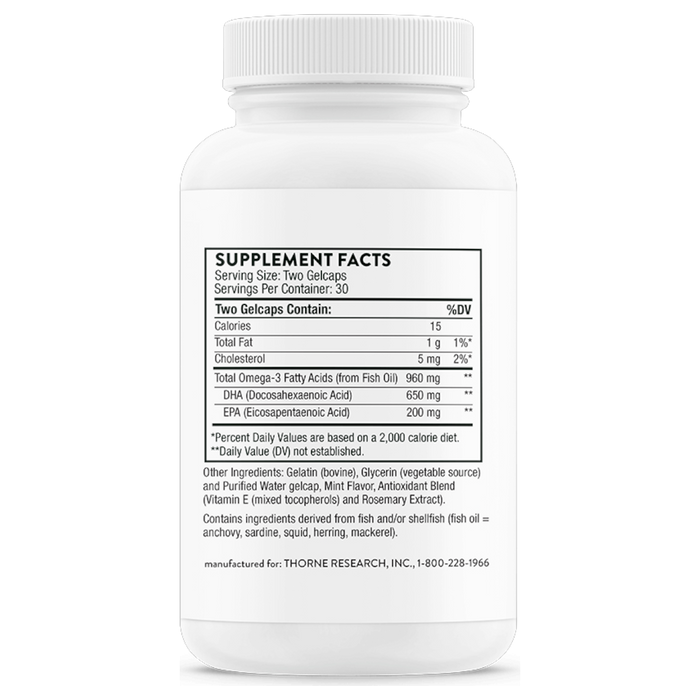 Thorne Advanced DHA 60 gelcaps supplement facts label