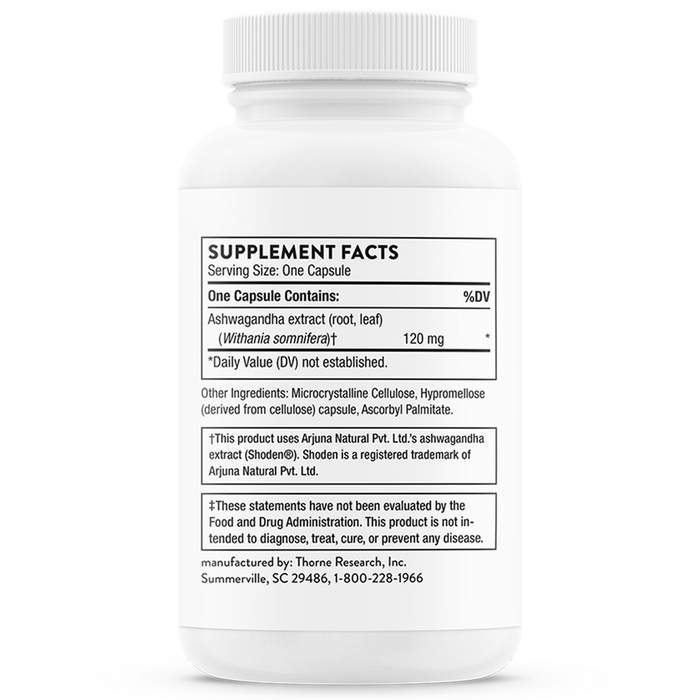 Thorne Ashwagandha 120 mg 30 capsules supplement facts label