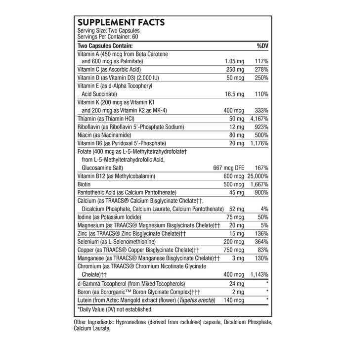Thorne Basic Nutrients 2/Day 120 capsules supplement facts label