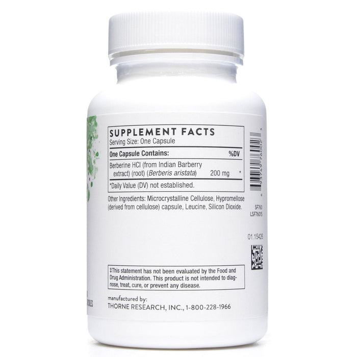 Thorne Berberine 200 mg 60 vegetarian capsules supplement facts label