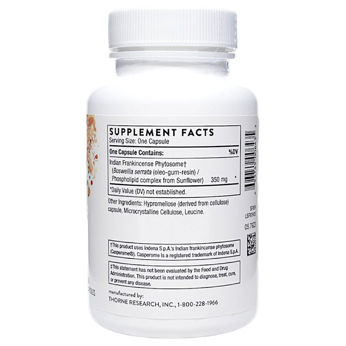 Thorne Boswellia Phytosome 60 vegetarian capsules supplement facts label