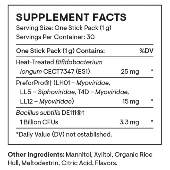 Thorne Complete Biotic 30 stick packets supplement facts label