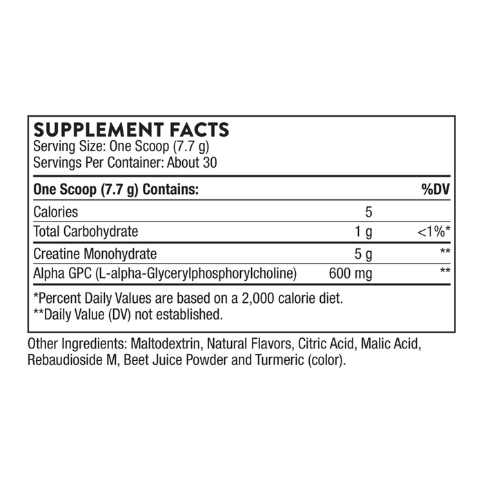 Thorne Creatine + Alpha GPC 8.1 oz supplement facts label