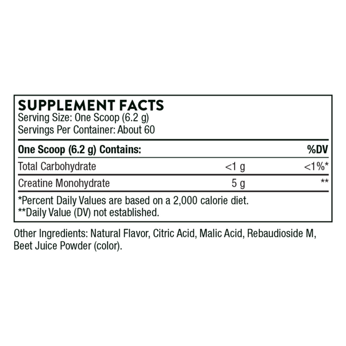 Thorne Creatine Strawberry 60 servings supplement facts label