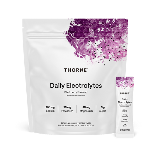Thorne Daily Electrolytes Blackberry, 30 stick packets, front of pouch