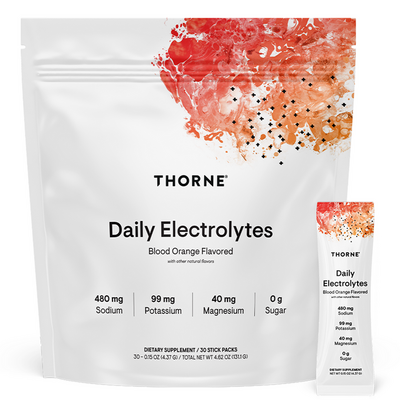 Thorne Daily Electrolytes Blood Orange, 30 stick packets, front of pouch