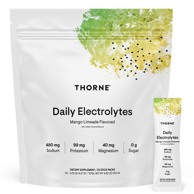 Thorne Daily Electrolytes Mango Limeade, 30 stick packets, front of pouch