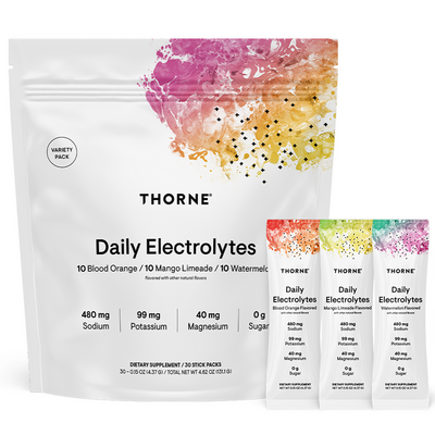 Thorne Daily Electrolytes Variety Pack, 30 stick packets, front of pouch