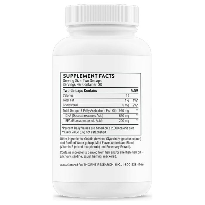 Thorne Prenatal DHA 60 gelcaps supplement facts label