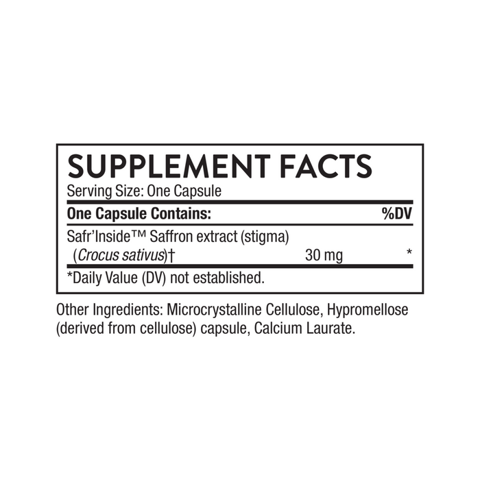 Thorne Rapid Relief Saffron 30 capsules supplement facts label