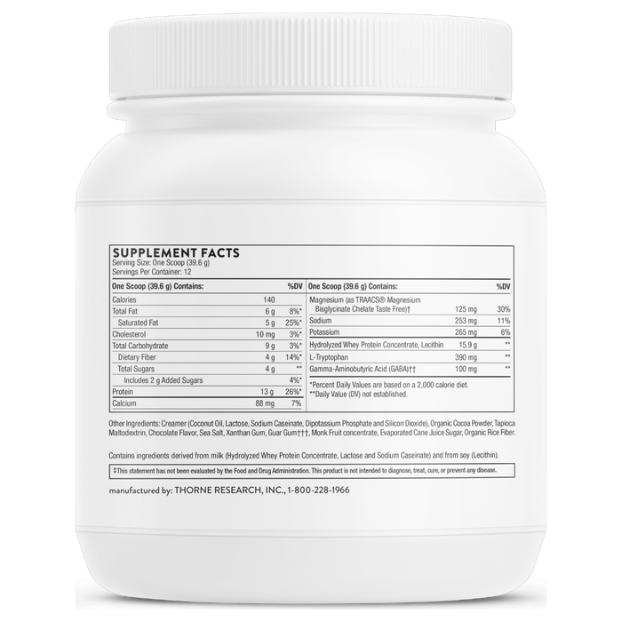 Thorne RecoveryPro Chocolate 16.7 oz supplement facts label