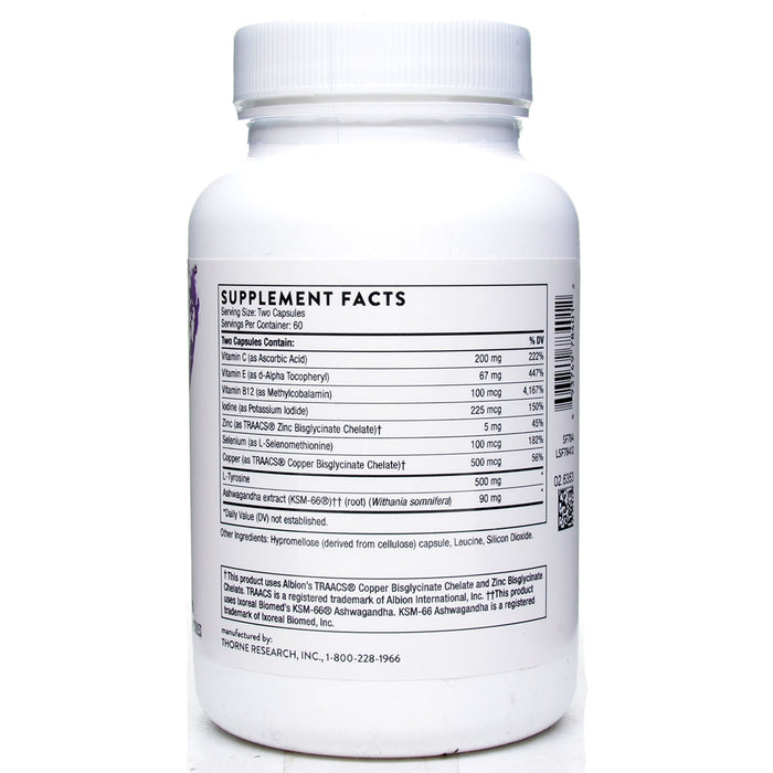 A white plastic bottle of dietary supplements shown from the back, displaying the Supplement Facts label with a list of ingredients and dosage information.