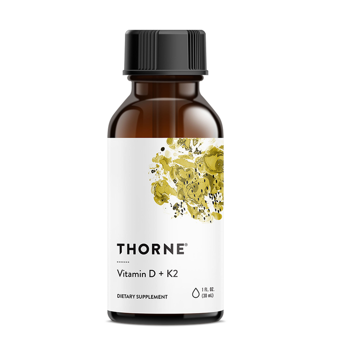 Thorne Vitamin D + K2 liquid, 1 oz, front of dropper bottle