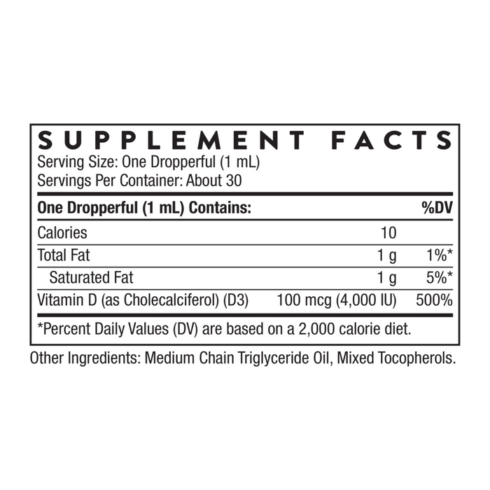 Thorne Vitamin D3 4000 IU liquid 1 oz supplement facts label