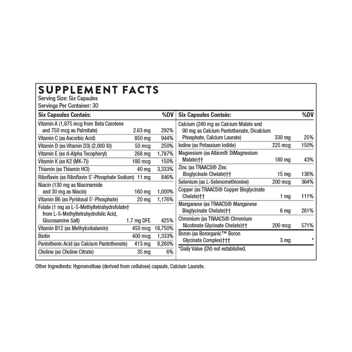 Thorne Women's Multi 50+ 180 capsules supplement facts label