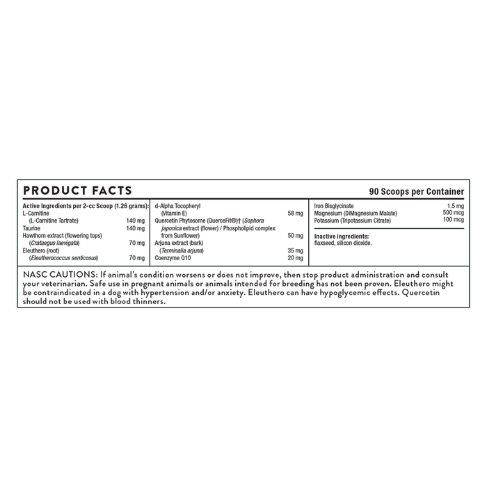 ThorneVet Heart Health Formula powder 4 oz product facts label