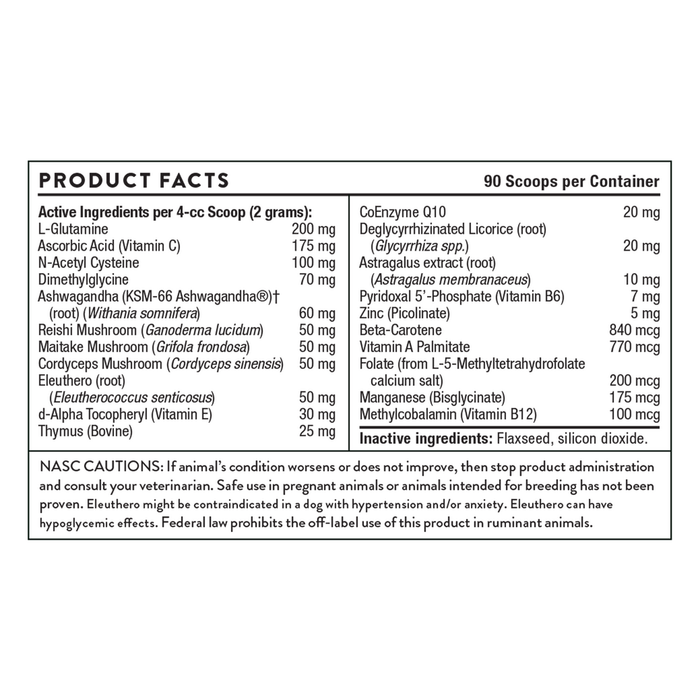ThorneVet Immune Support Formula powder 6.35 oz product facts label