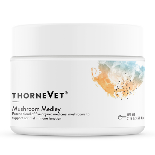 ThorneVet Mushroom Medley powder, 2.12 oz, front of canister