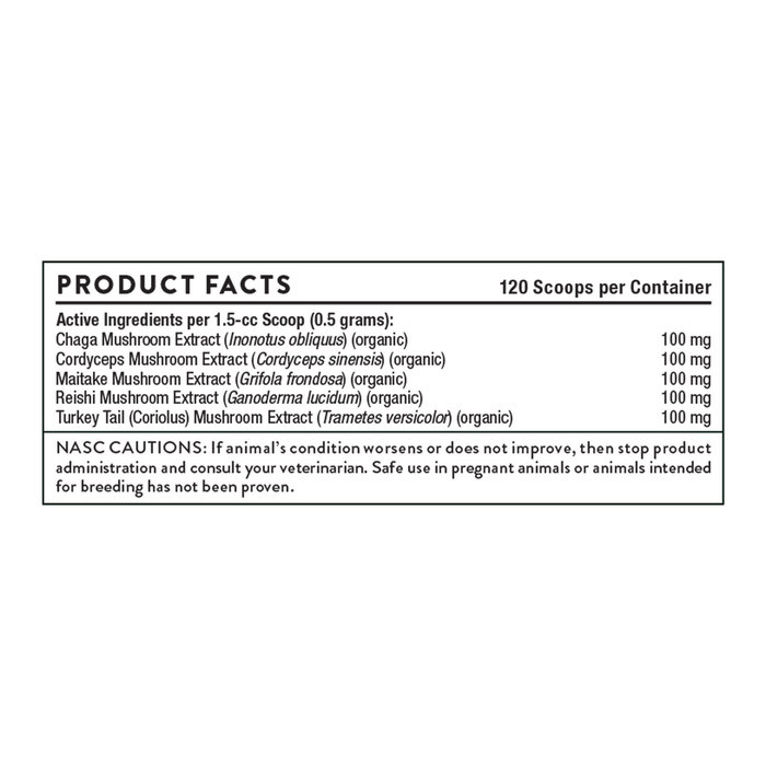 ThorneVet Mushroom Medley powder 2.12 oz product facts label