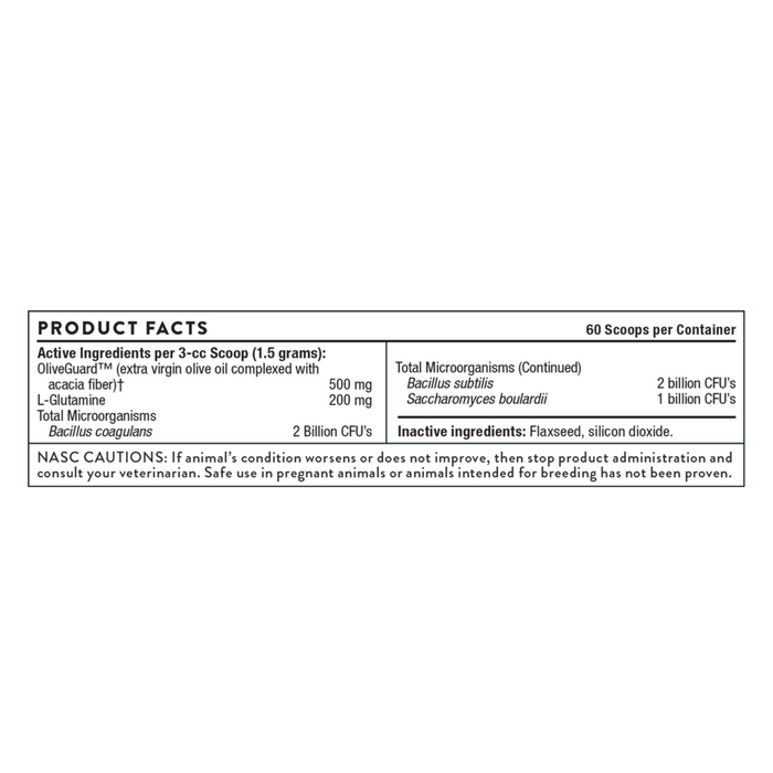 ThorneVet Probiotic Support Formula powder 3.17 oz product facts label