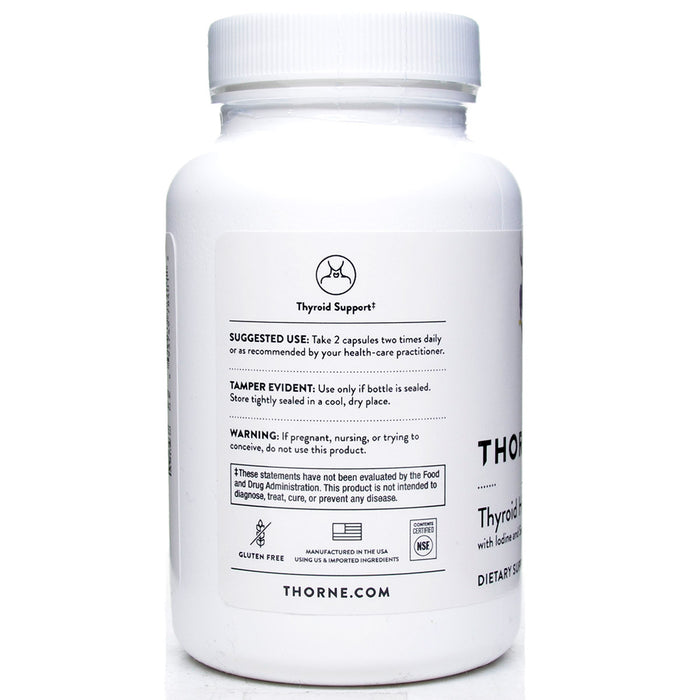 A white plastic bottle of Thorne.com Thyroid Support dietary supplement, showing the back label with text and icons on a clean white background.