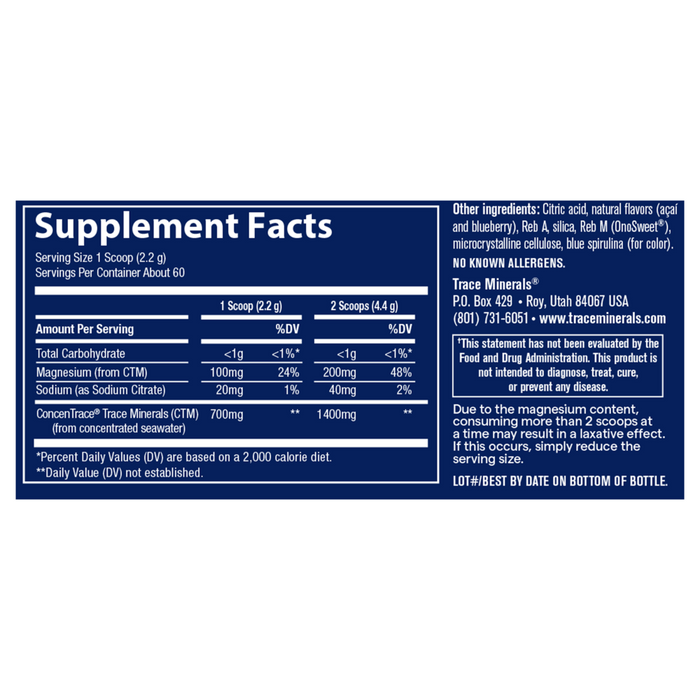Trace Minerals Research ConcenTrace Daily Mineral Powder Blue Acai supplement facts label