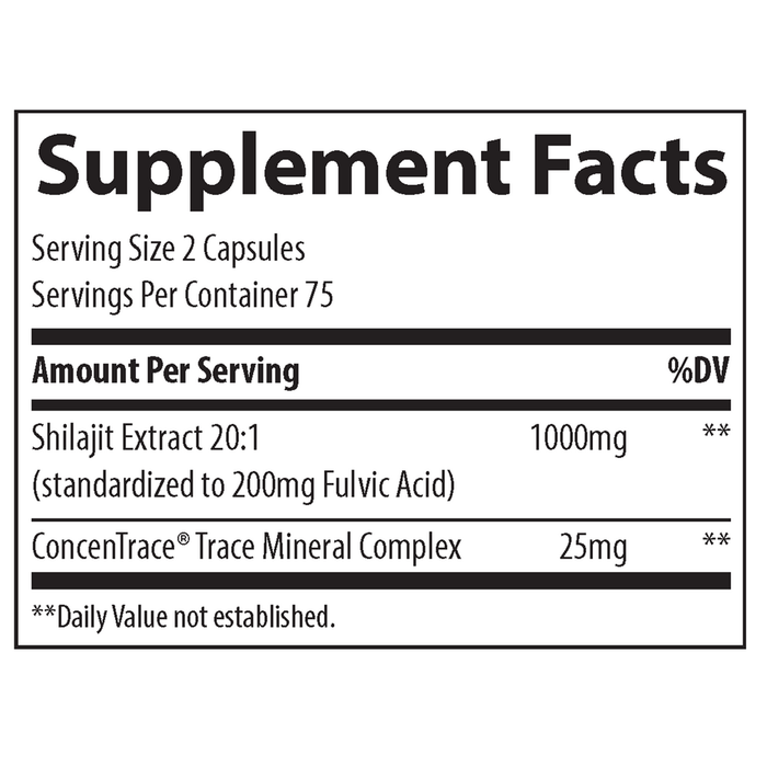 Trace Minerals Research Shilajit 1000 mg 150 capsules supplement facts label