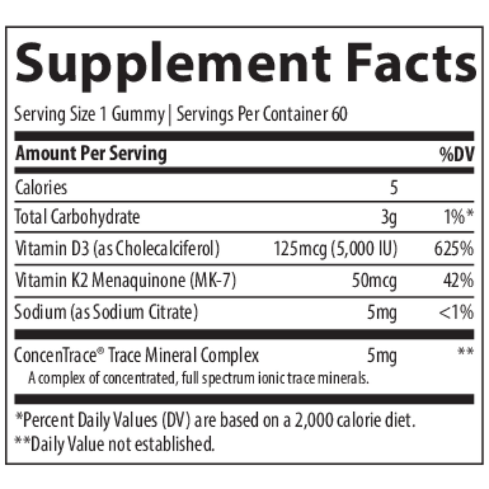 Trace Minerals Research Vitamin D3 + K2 60 gummies supplement facts label