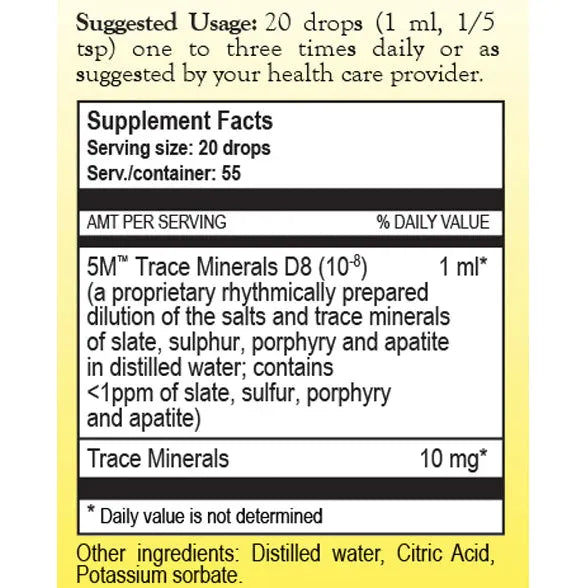 True Botanica 5M Trace Minerals 1.86 fl oz supplement facts label