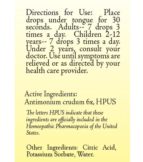 True Botanica Antimonium Crudum 6X 30 mL directions and ingredients label