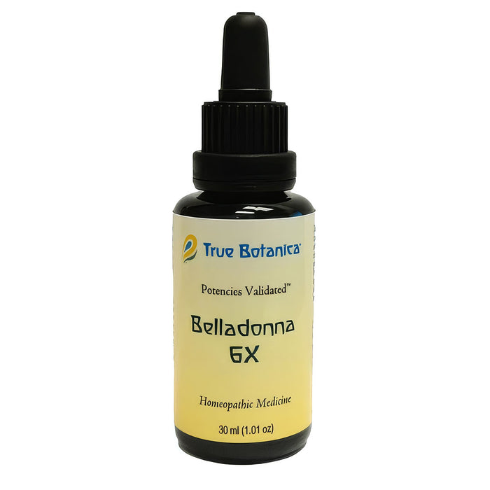 A 30 ml bottle of True Botanica Belladonna GX homeopathic medicine, featuring a pale yellow label and a black dropper cap, set against a plain white background.