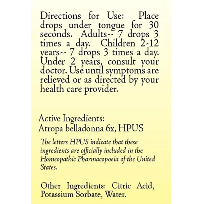 A pale yellow rectangular card with black printed text showing directions for use and active/other ingredients for a homeopathic medicine.