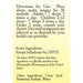 A pale yellow rectangular card with black printed text showing directions for use and active/other ingredients for a homeopathic medicine.