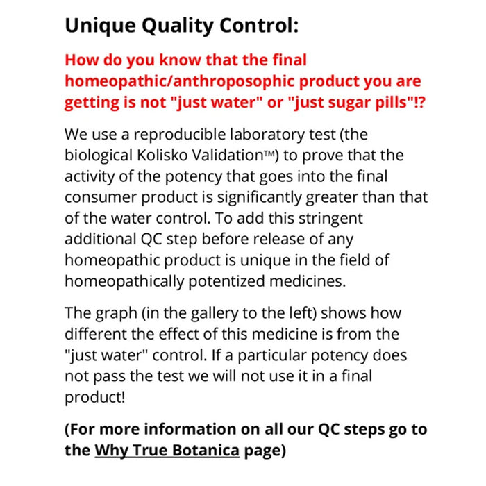 A text-heavy informational graphic on a white background with black and red headline text reading 'Unique Quality Control' and several paragraphs explaining quality testing for homeopathic products.