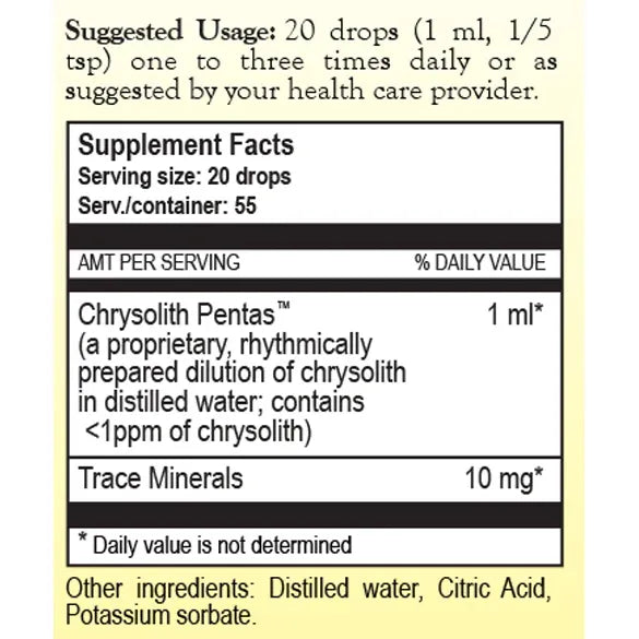 True Botanica Chrysolith Pentas TMS 1.86 fl oz supplement facts label