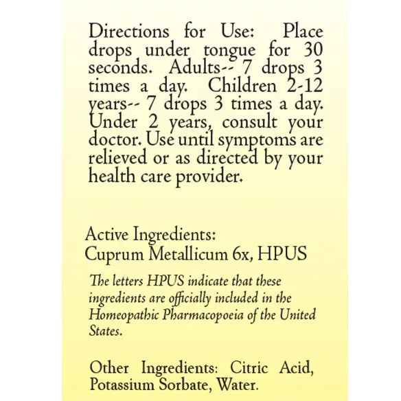 True Botanica Cuprum Metallicum 6X 30 mL directions and ingredients label