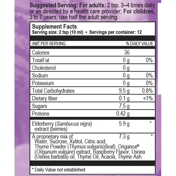 True Botanica Elderberry-Thyme Syrup 4 fl oz supplement facts label
