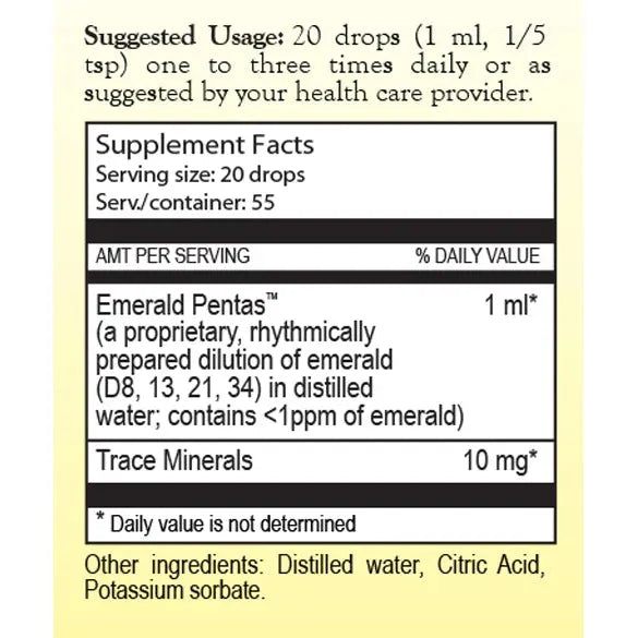 True Botanica Emerald Pentas TMS 1.86 fl oz supplement facts label