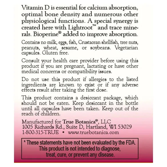 True Botanica Vitamin D Plus 2000 IU 60 capsules label information panel