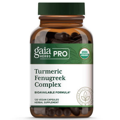 Gaia Herbs Turmeric Fenugreek Complex supplement bottle on a white background