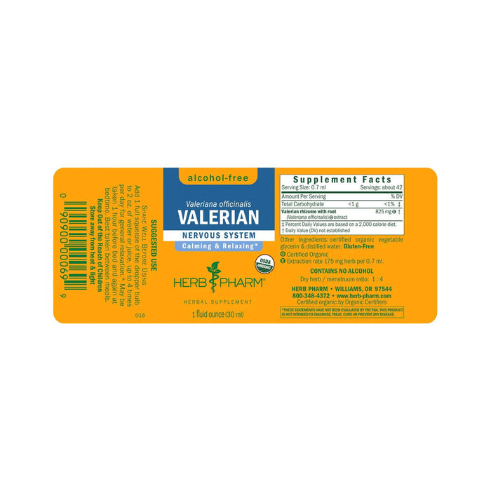 Valerian Alcohol-Free supplement facts label