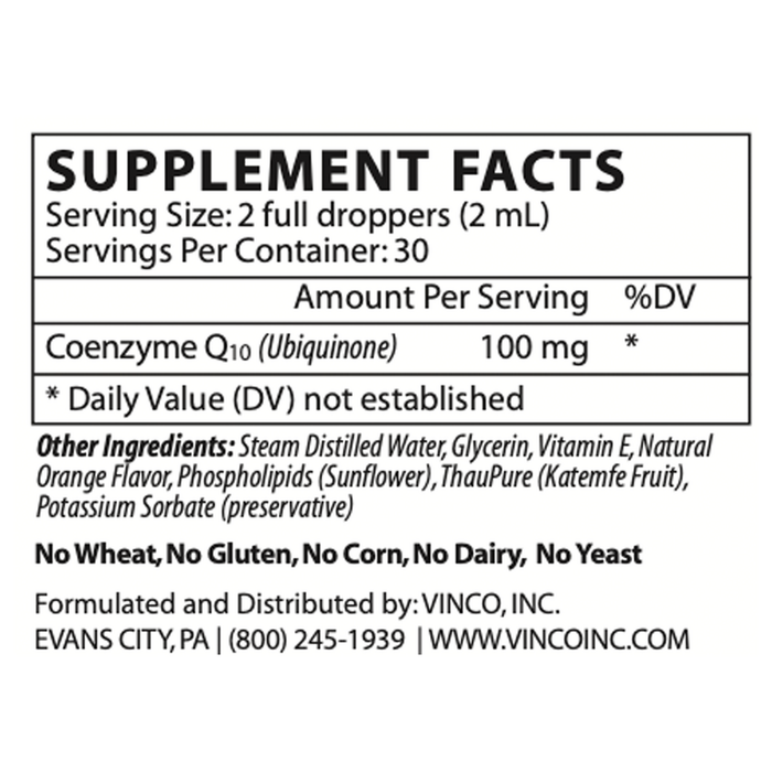 Vinco Liposomal CoQ10 (Ubiquinone) 2 fl oz supplement facts label