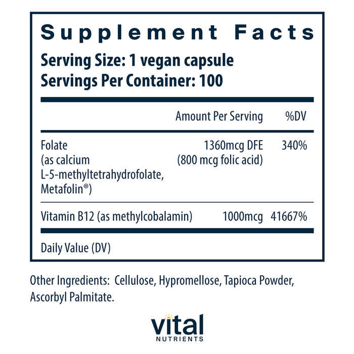Vital Nutrients B-12 & Methyl Folate 100 capsules supplement facts label