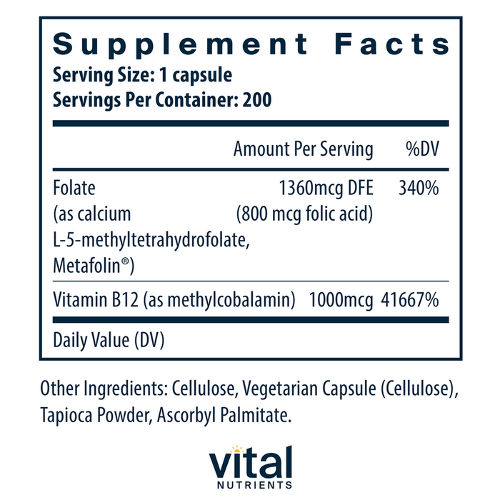 Vital Nutrients B-12 & Methyl Folate 200 capsules supplement facts label