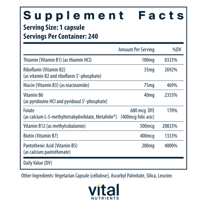 Vital Nutrients B-Complex 240 capsules supplement facts label